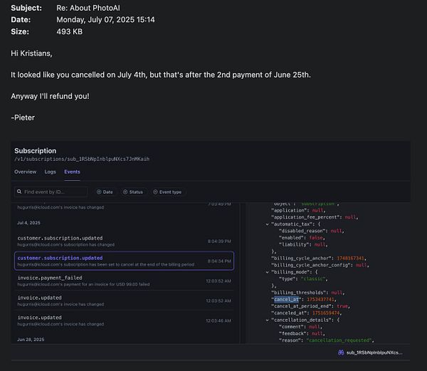 The image displays a screenshot of a subscription management interface showing customer cancellation details and email correspondence regarding a refund.