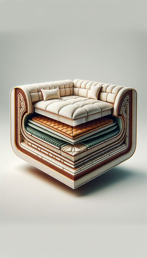 a cross-section of a luxury sofa showing the layers of the inner quilt between the outer fabric and lining