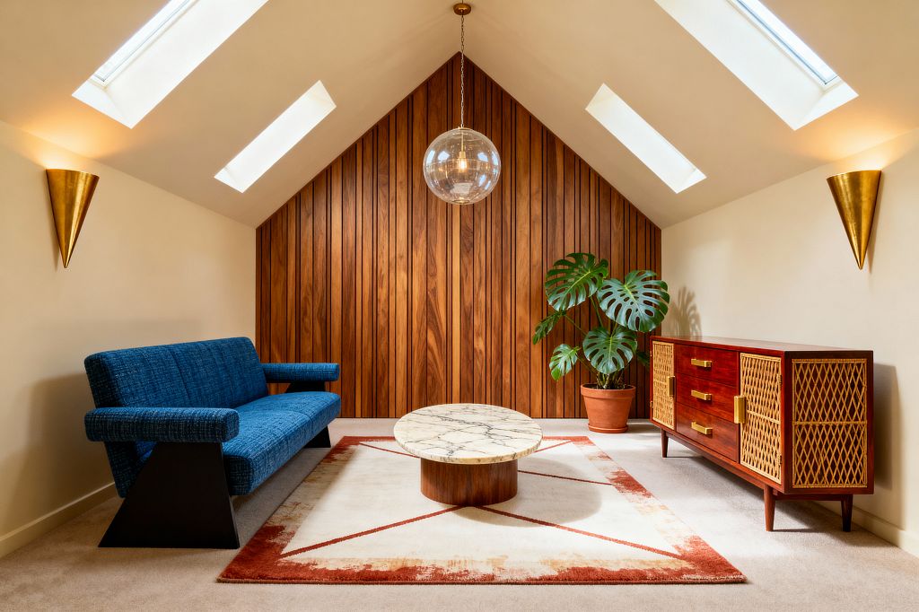 A compact mid-century modern living room with a vaulted ceiling features a vertical walnut slat accent wall at the gable end, a deep blue upholstered sofa on the left, and a reddish-wood credenza with rattan cane doors and brass pulls on the right. A round marble-top coffee table sits on a cream rug with rust geometric borders. Daylight streams through four skylights and a glass globe pendant hangs at the peak, with brass cone sconces and a potted monstera completing the scene.