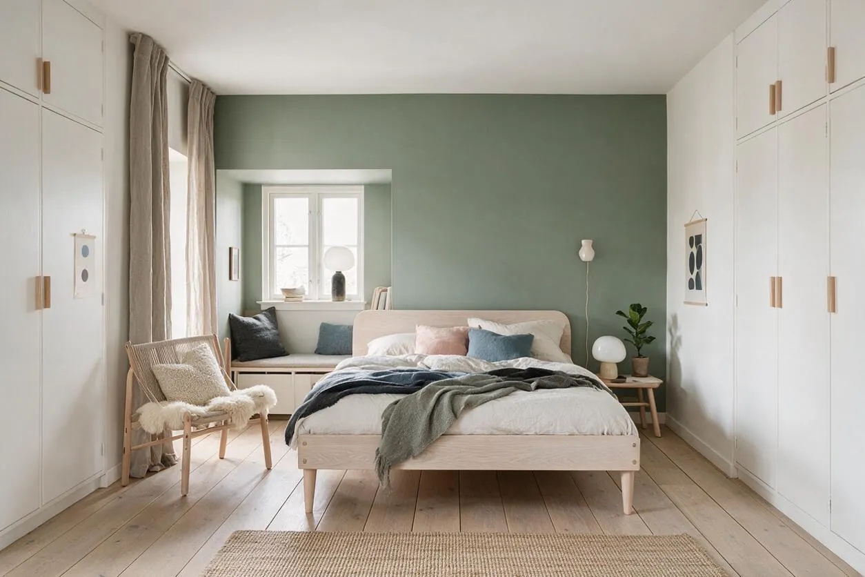 A Scandinavian-style master bedroom with a pale wood bed centered against a muted green feature wall, white built-in wardrobes on both sides, and a window bench beneath a small window. The room uses natural wood flooring, layered neutral bedding, soft curtains, and minimal decor for a calm, airy feel.