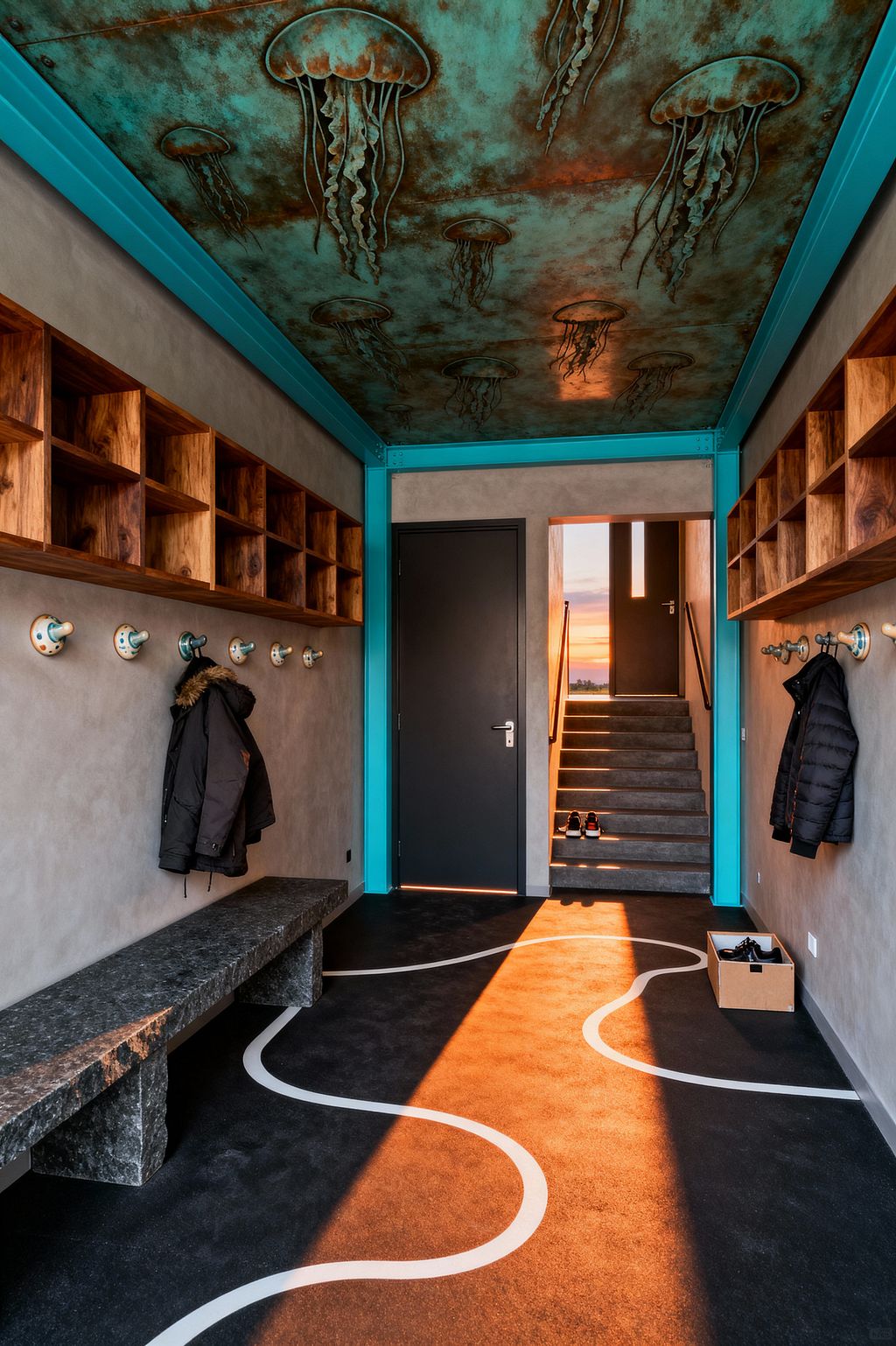 An elongated mudroom features a verdigris ceiling with jellyfish motifs framed by teal steel beams. Gray microcement walls carry rows of metal hooks beneath open walnut cubbies on both sides, with a rough dark-stone bench along the left wall. A charcoal floor with a winding white inlay leads to a black door and concrete steps lit by warm sunset light, while coats and shoes emphasize the space’s everyday function.