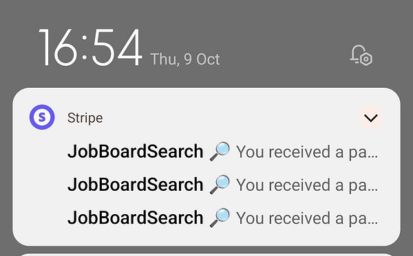 The image displays a smartphone notification screen showing multiple payment notifications from Stripe.
