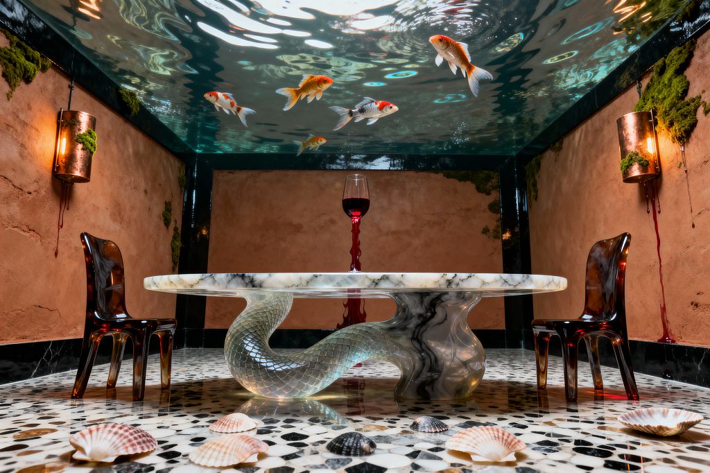 A surreal dining room features a glass ceiling filled with water and koi fish above a round white marble table supported by a serpentine translucent resin base. Two amber acrylic chairs sit on a black-and-white terrazzo floor scattered with seashells. Terracotta plaster walls with patches of moss and warm copper sconces frame the space, with red drip details adding dramatic contrast. A single glass of red wine stands centered on the tabletop.