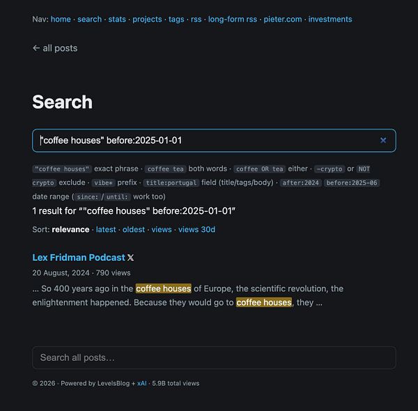 Screenshot of a search results page showing blog posts related to coffee houses on levels.io with filtering operators.