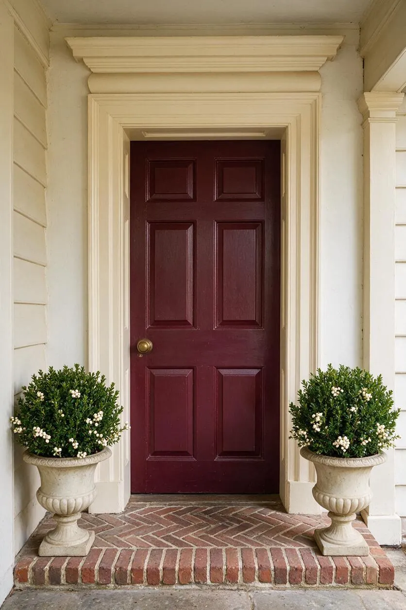 A traditional front entry with a deep burgundy paneled door framed by cream decorative trim and white siding. Two matching stone urn planters filled with small green shrubs and white flowers sit on a red brick herringbone step, creating a formal symmetrical entrance.