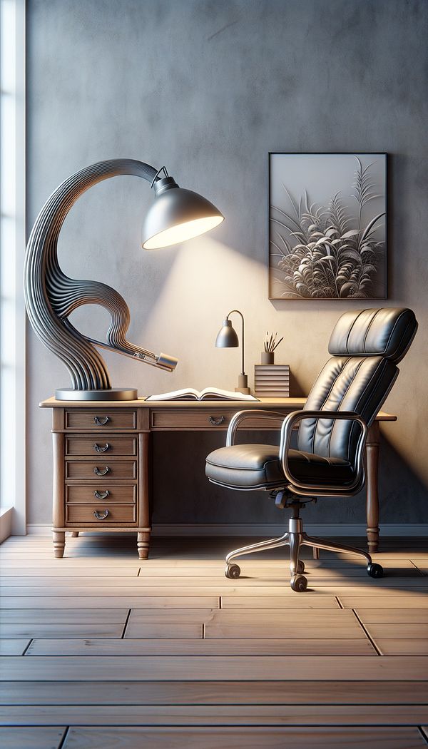 An interior design setting featuring a desk with a lamp that has a distinct, curved goose-neck arm, adjustable to focus light on a reading area. Nearby, a chair with a similar goose-neck mechanism adjusts the position of its headrest.