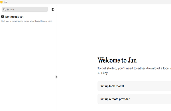 The image displays a user interface for the Jan AI application, featuring a welcome message and setup options.