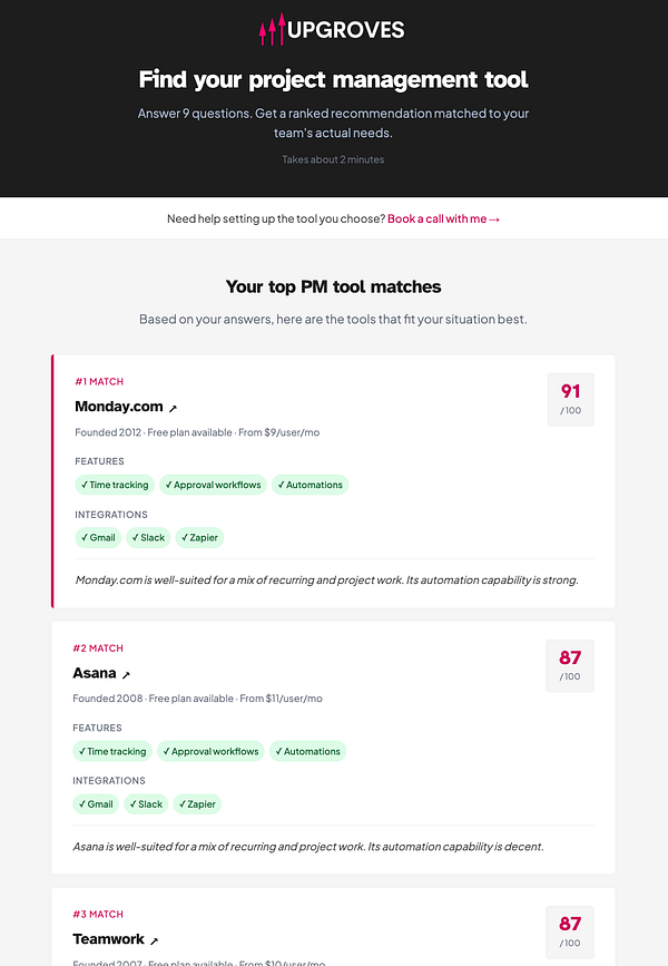 Screenshot of a project management tool recommendation form with multiple selectable options for various work aspects.