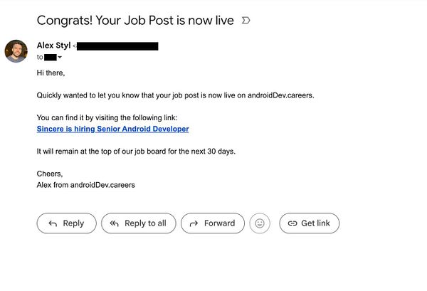 An email notification confirming the posting of a job on androidDev.careers.