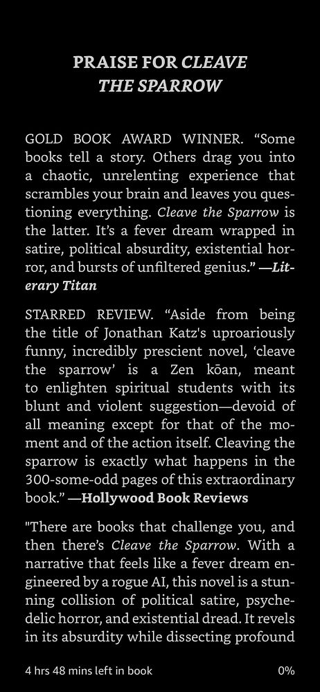 The image features a page of reviews praising the book 'Cleave the Sparrow'.