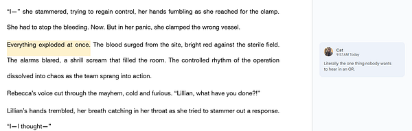 A screenshot of a text editing interface displaying a dramatic scene from a novel with a comment from a collaborator.