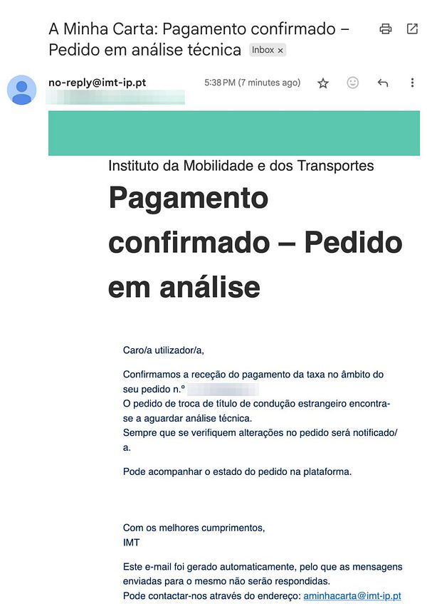 An email confirmation regarding the payment of a driving license transfer fee.