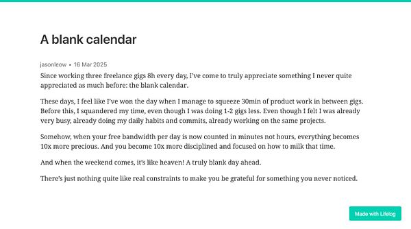 A blog post reflecting on the value of a blank calendar amidst a busy freelance schedule.