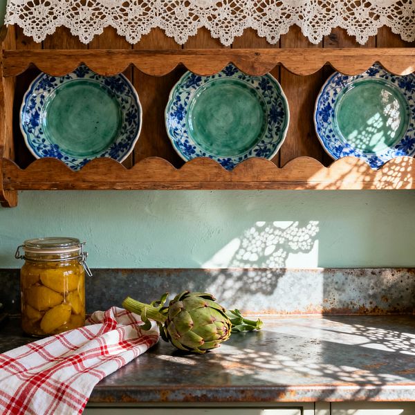A sunlit French country kitchen vignette shows a wall-mounted wooden plate rack trimmed with crochet lace and holding green and blue hand-painted ceramic plates. Below, a patinated zinc countertop and low backsplash meet a mint plaster wall, while a red-and-white gingham tea towel, a glass jar of preserved lemons, and a fresh artichoke rest on the surface, catching delicate lace-patterned shadows.