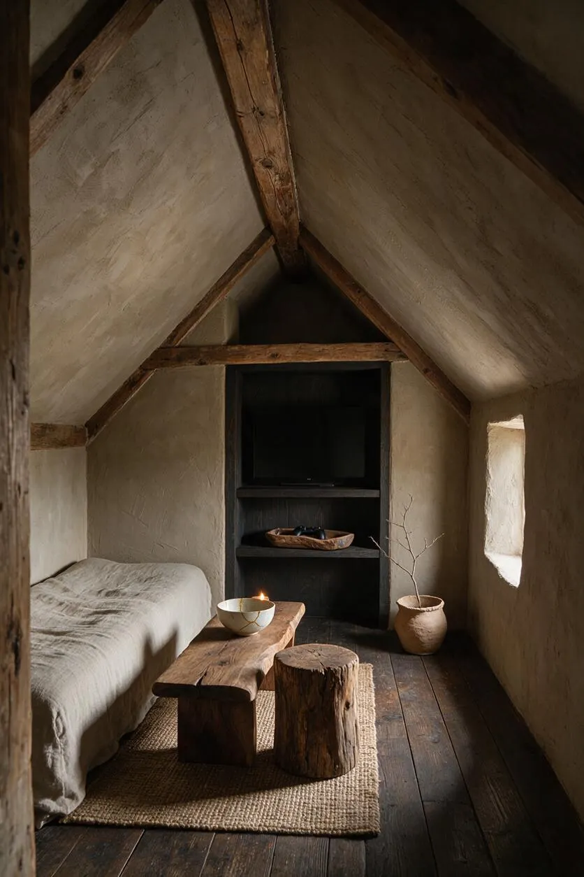 A narrow attic game room with sloped plaster walls and exposed timber beams, furnished with a low covered daybed, a rustic wooden bench, a stump stool, and a small built-in TV niche. Warm natural light enters from a small side window, highlighting textured earth-toned surfaces, a woven rug, and simple ceramic decor.
