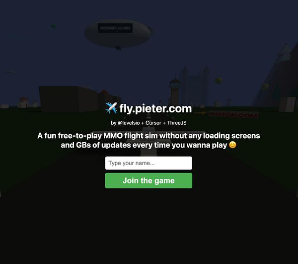 The image displays the start screen of the flight simulation game fly.pieter.com.