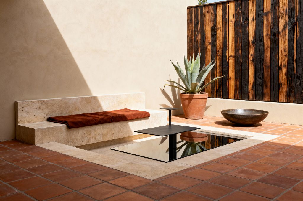 A sunlit minimalist courtyard with terracotta floor tiles and a low built-in travertine bench topped with a rust-colored cushion. A square reflecting pool with a black base sits flush to the paving, paired with a slim black metal table that cantilevers over the water. A potted agave in a terracotta planter and a shallow bronze bowl sit along a perimeter ledge. Walls are smooth beige plaster, and a vertical fence of charred wood provides a dark, textured backdrop.
