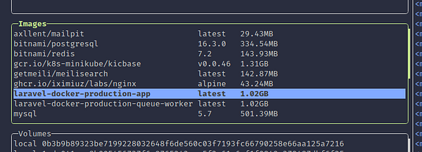 The image displays a terminal interface showing a list of Docker images with their sizes.