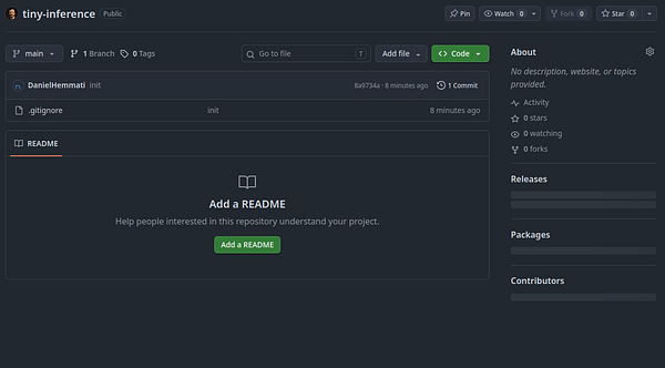 GitHub repository page named "tiny-inference" with initial setup files and no README content.