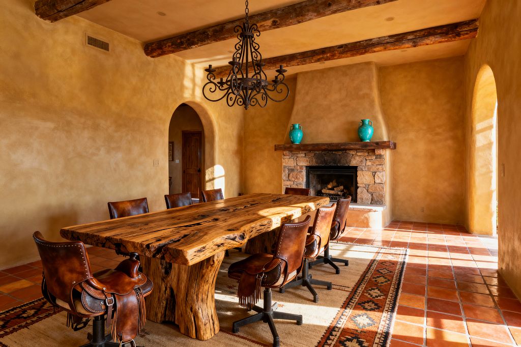 Dining room with a large live-edge wooden table centered among brown leather swivel armchairs on a beige rug with a Navajo-style border. The space features adobe-colored troweled plaster walls, exposed wood ceiling beams, and a wrought-iron chandelier. A kiva-like plaster fireplace with a stacked-stone firebox and timber mantel holds two turquoise vases, while terracotta Saltillo tiles glow in natural light from arched openings.