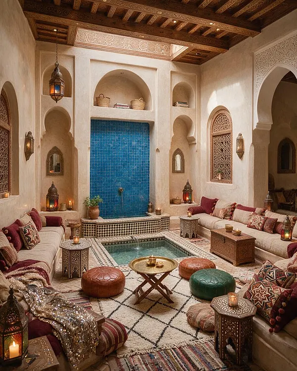 A Moroccan-style sunroom with cream plaster walls, carved arched niches, and an ornate dark wood ceiling. Low beige sofas with patterned cushions surround a small central tiled pool, while lanterns, brass tables, woven baskets, and leather poufs add layered texture and warm ambient light.