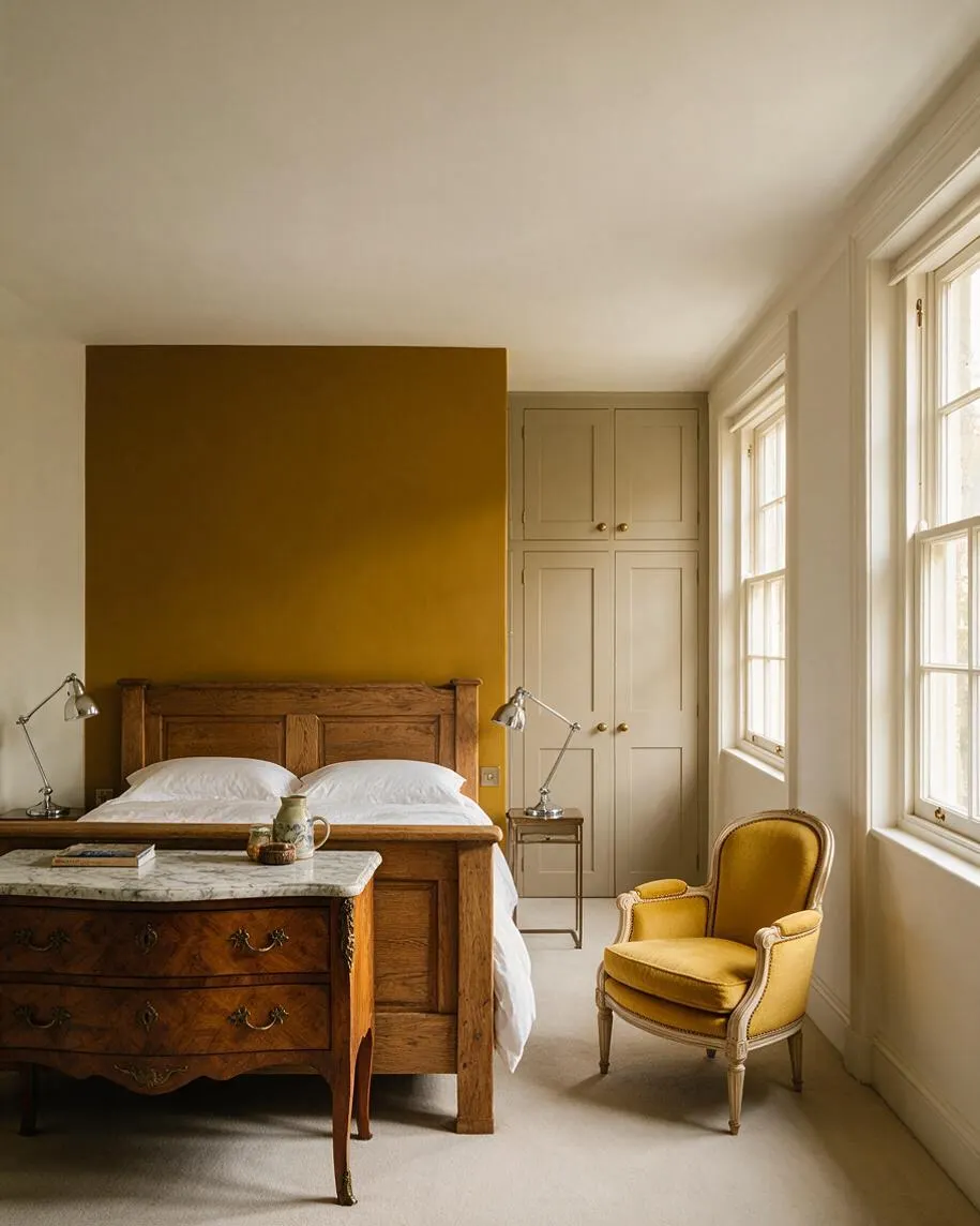 A master bedroom with a rustic wooden bed against a deep mustard accent wall, paired with cream built-in wardrobes and tall windows on the right. An ornate wood dresser with a marble top sits in the foreground, and a mustard yellow upholstered armchair adds a tailored, vintage touch.