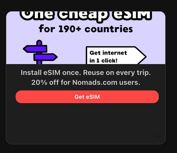 Screenshot of an advertising dashboard showing a minimally performing eSIM ad with detailed metrics.