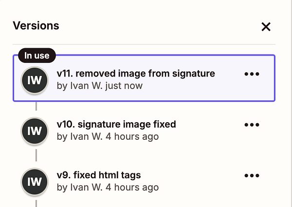The image displays a version history interface showing changes made to a document or project.