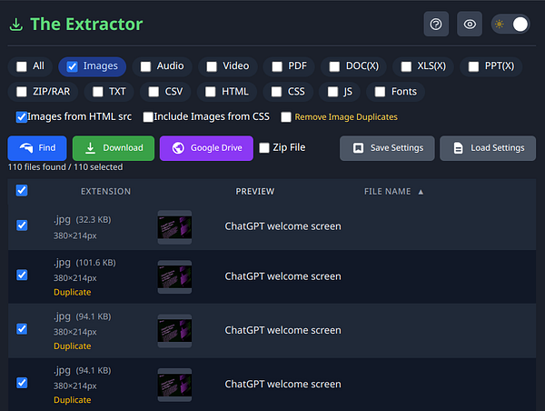 A user interface for a file extraction tool displaying selected image files for download.