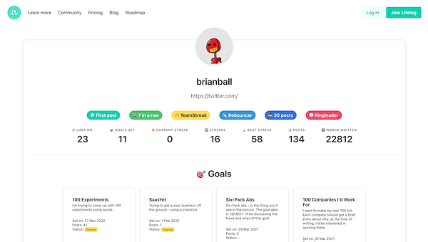 The image displays a user profile on the Lifelog platform, showcasing various statistics and goals of the user 'brianball'.