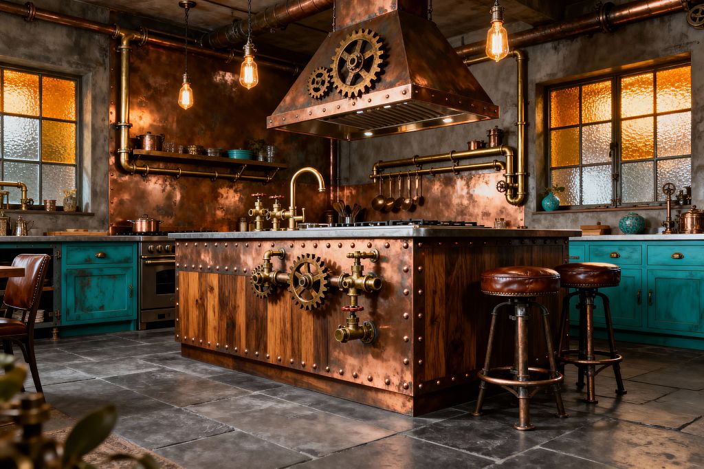 A steampunk kitchen centers on a wood-and-copper island clad in riveted copper with decorative gears and brass valves beneath a matching vent hood. Exposed brass pipes frame a copper backsplash above teal distressed cabinets and a stainless range, while Edison pendant bulbs and amber textured windows warm a charcoal stone floor with leather-topped industrial stools.