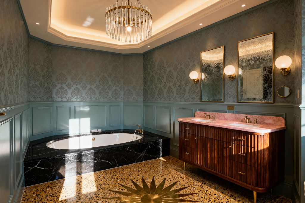 A luxurious vintage-inspired bathroom with duck-egg blue paneled wainscoting and damask wallpaper. To the right, a fluted dark-wood double vanity has a pink marble top, brass faucets, and two antiqued mirrors flanked by brass globe sconces. An oval tub sits in a black marble surround on the left, set over terrazzo flooring with a brass sunburst inlay. A crystal-and-brass chandelier and cove lighting create a warm glow.