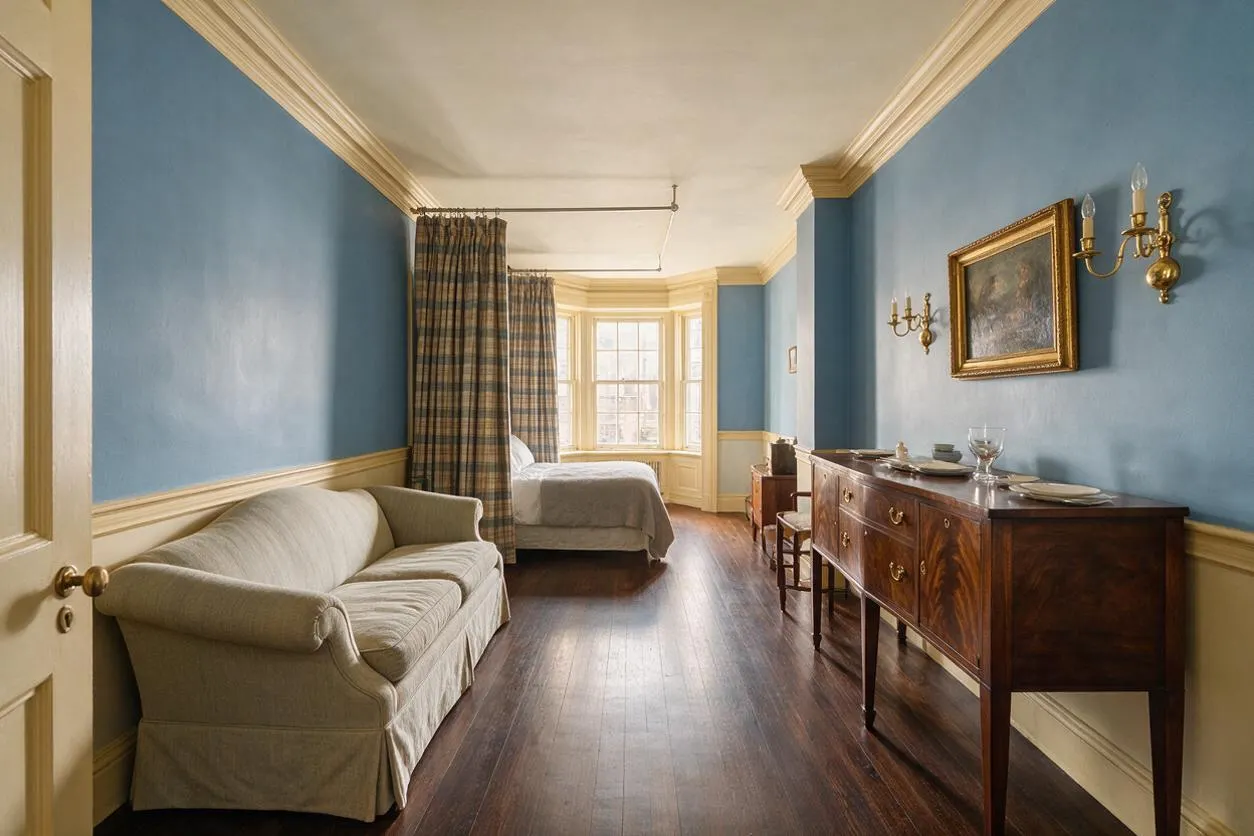 A narrow traditional studio apartment with blue walls, cream trim, and dark wood floors. The space includes a beige sofa on the left, a bed near a bay window with plaid curtains, and a mahogany sideboard with brass accents and wall sconces on the right.