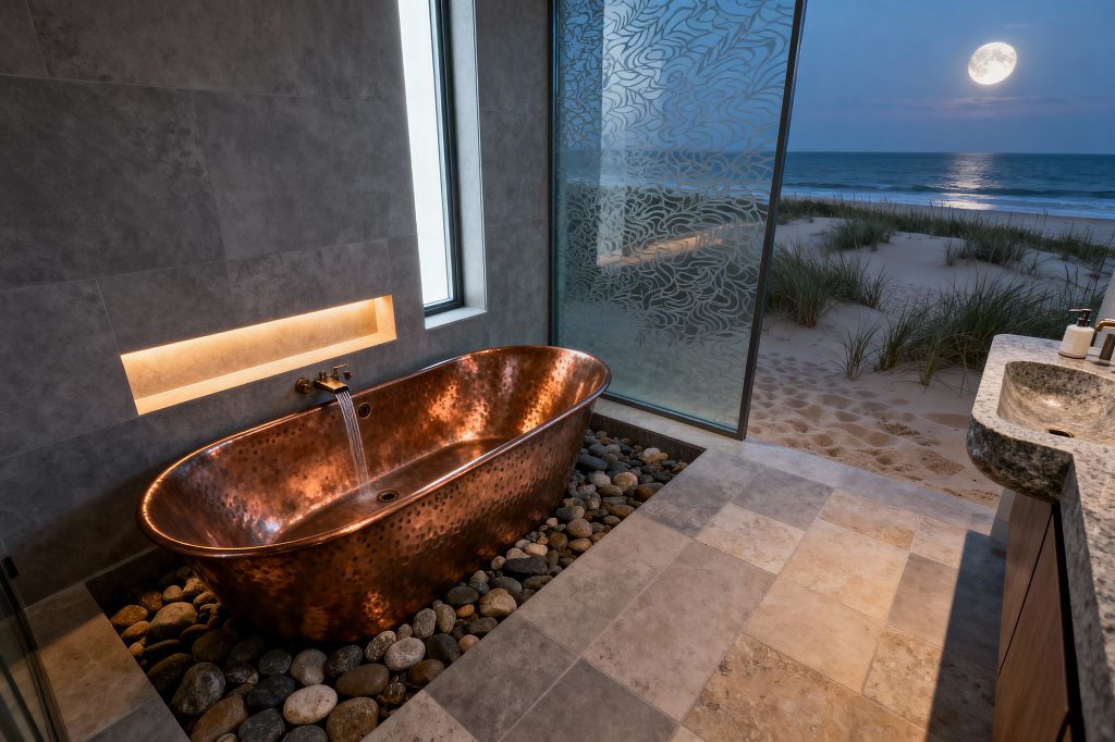 A coastal bathroom featuring a hammered copper freestanding tub set in a recessed bed of smooth river stones, with water flowing from a wall-mounted brass spout beneath a backlit niche. Large gray stone tiles wrap the floor and walls, a frosted glass panel etched with wave-like patterns frames expansive beach and ocean views under a full moon, and a granite sink sits on a wood vanity.
