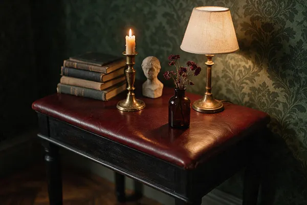 A dark academia-style console table with a burgundy leather top and black wood base sits against green patterned wallpaper. The vignette includes a stack of old books, brass candle holders, a small classical bust, a brown glass vase with dried flowers, and a warm table lamp with a fabric shade.