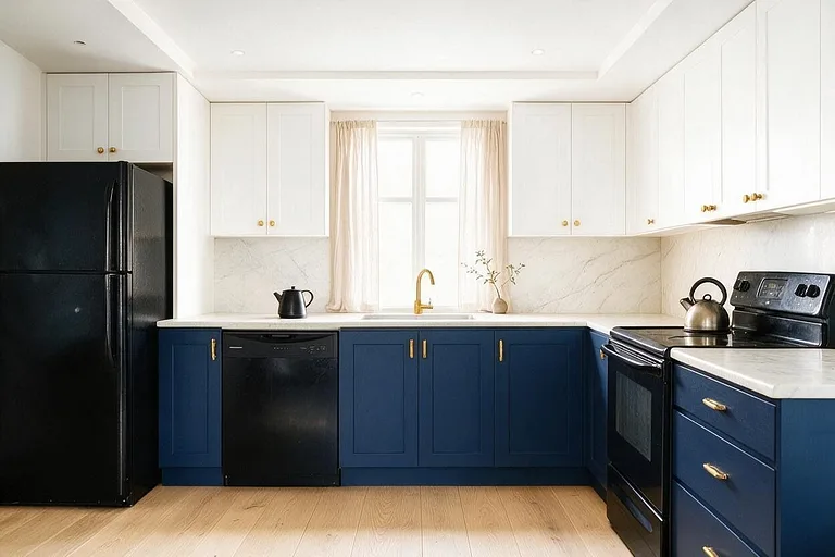 A Minimalist kitchen in the Navy Lowers palette: white, navy blue, marble white, light oak, and brass
