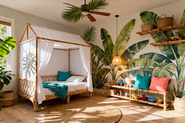 A sunny children’s room features a bamboo house-frame canopy bed draped in white sheer curtains, with white bedding, a teal throw, and a teal cushion. A hand-painted mural of oversized banana and palm leaves spans the back wall above a low bamboo bench lined with toys and coral and teal pillows. A woven rattan pendant, ceiling fan with wood blades, round jute rug, light oak floor, woven baskets, and a window with bamboo shade complete the airy tropical look.