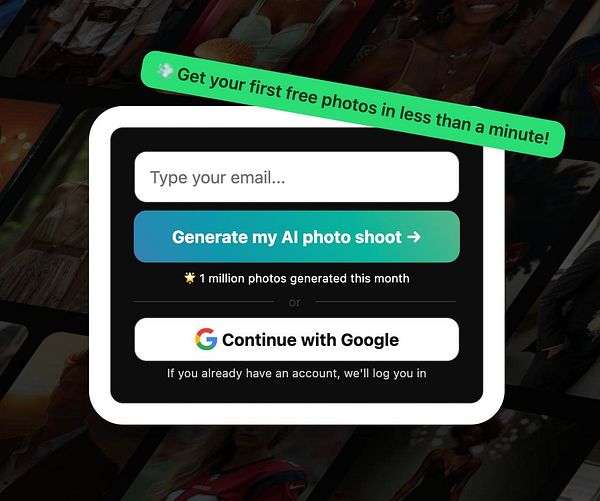 The image displays a sign-up interface for generating AI photos, highlighting a promotional offer for free photos.