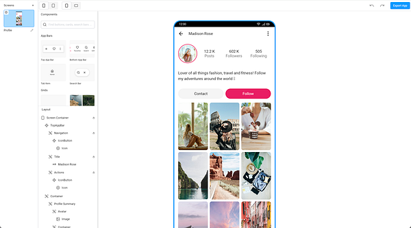 The image displays a mobile app interface for a social media profile named Madison Rose.