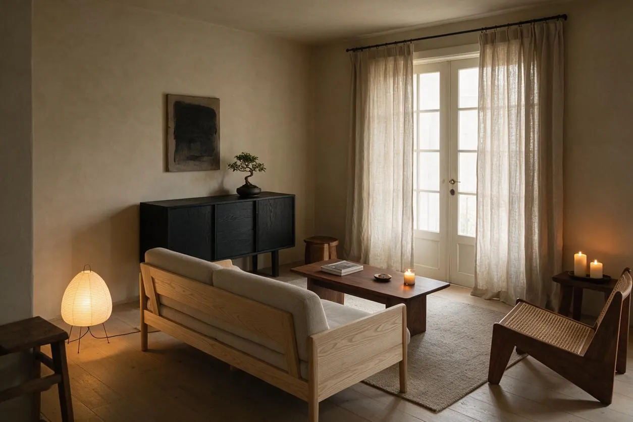 A calm Japandi living room with a light wood sofa, soft beige cushions, and a low wooden coffee table centered on a muted rug. Sheer curtains filter daylight from French doors, while a black cabinet, woven accent chair, paper floor lamp, and candles add warmth and contrast.
