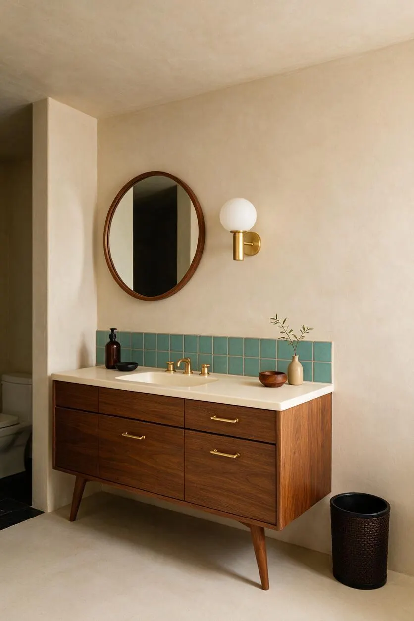 A Mid-Century Modern bathroom vanity with a walnut cabinet on tapered legs, a white integrated sink, and brass hardware. Above it, a round wood-framed mirror and a globe wall sconce sit against a cream wall, with teal square tile backsplash adding color.
