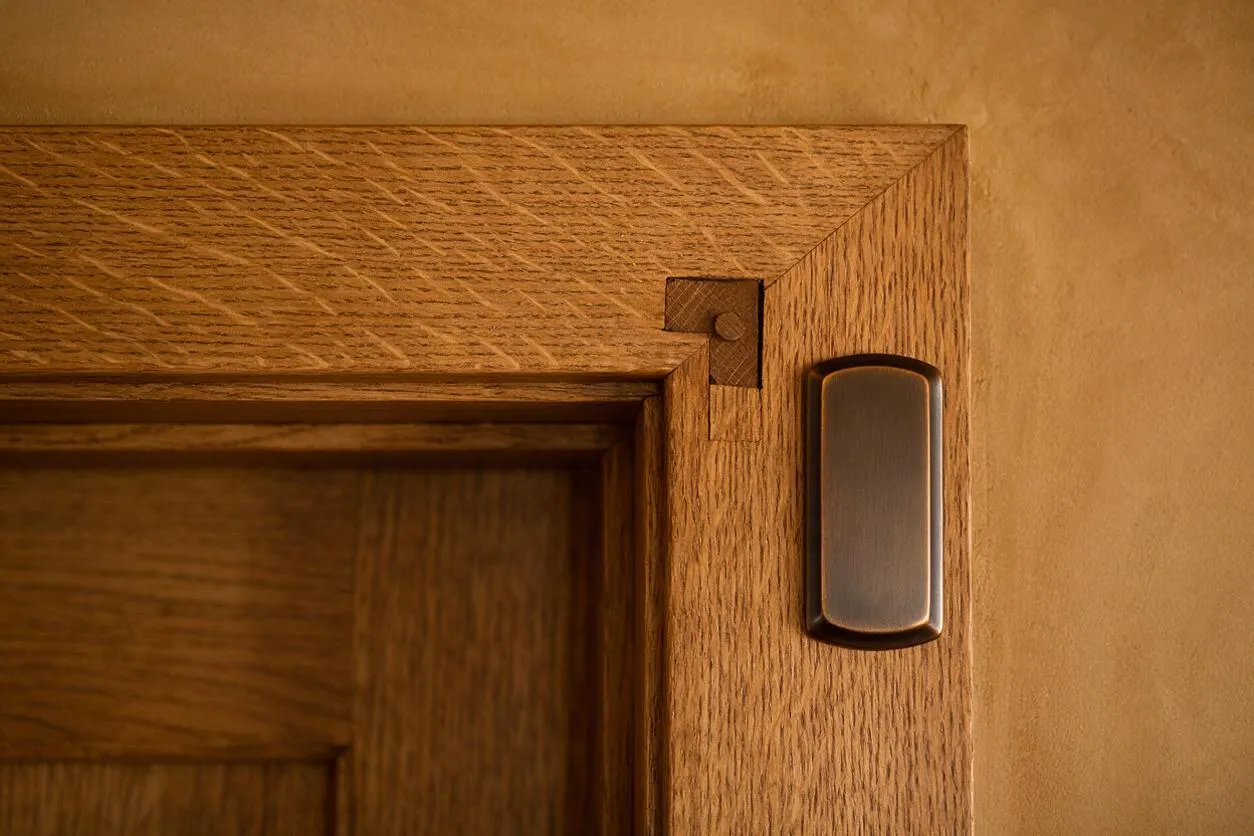 Close-up of a Craftsman-style wooden door frame with prominent corner joinery and a textured oak grain. A slim brushed metal sensor or doorbell is mounted on the wall beside the trim against a warm beige plaster background.