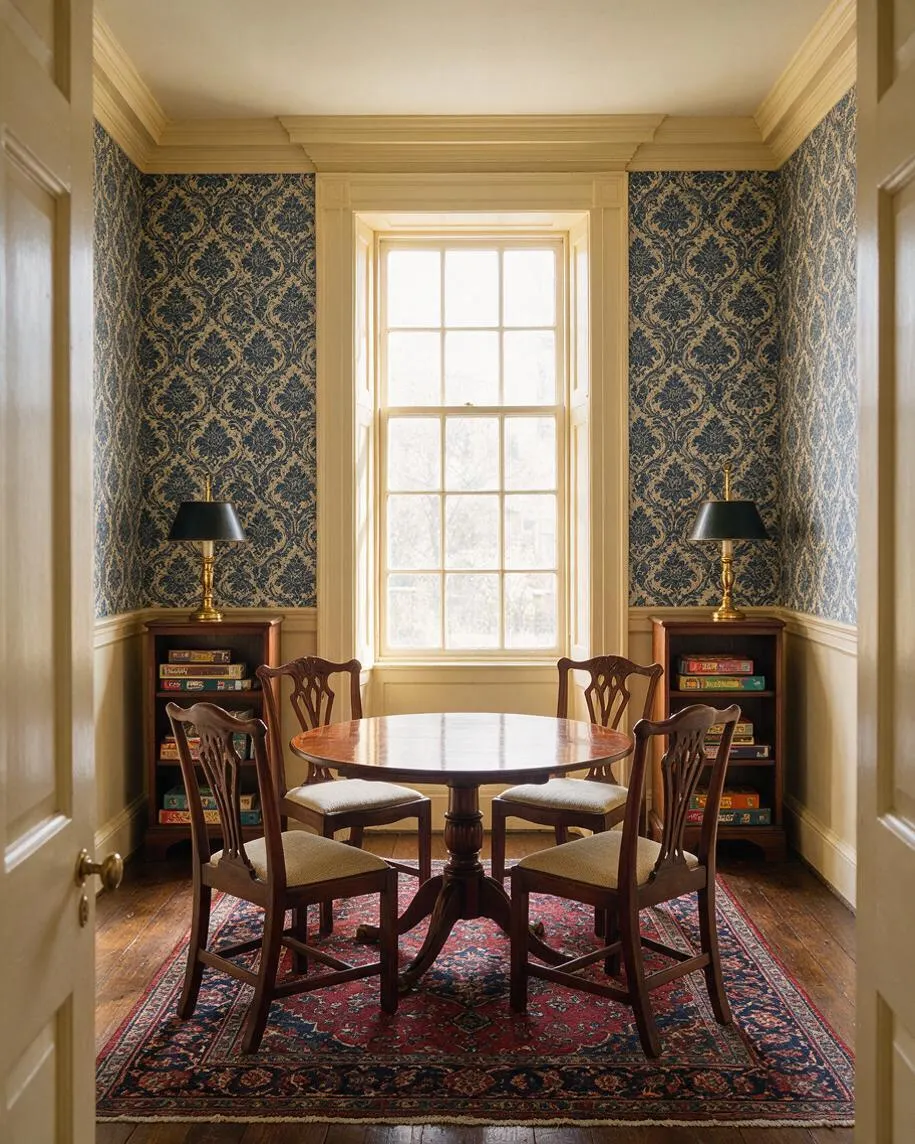 A traditional game room with patterned blue wallpaper, cream trim, and a large centered window. A round wooden game table sits on a red Persian-style rug, surrounded by four carved wood chairs, with small bookcases and brass lamps on either side.