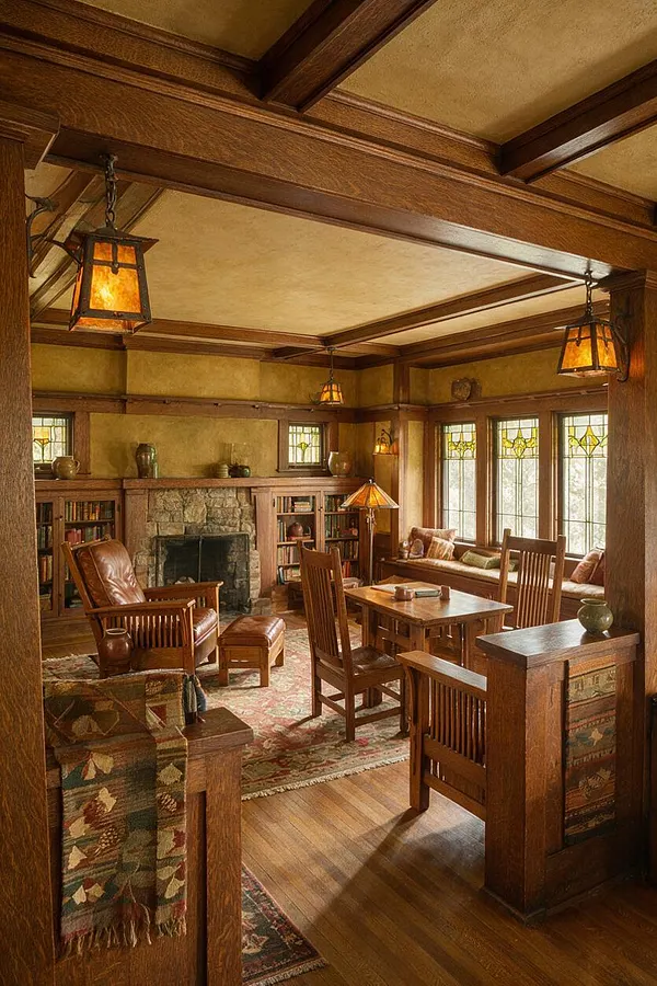 A Craftsman-style living room with exposed wood ceiling beams, amber pendant lanterns, a stone fireplace, built-in bookcases, and stained glass windows. The space includes leather seating, a wooden dining table, patterned rugs, and warm golden-brown finishes throughout.