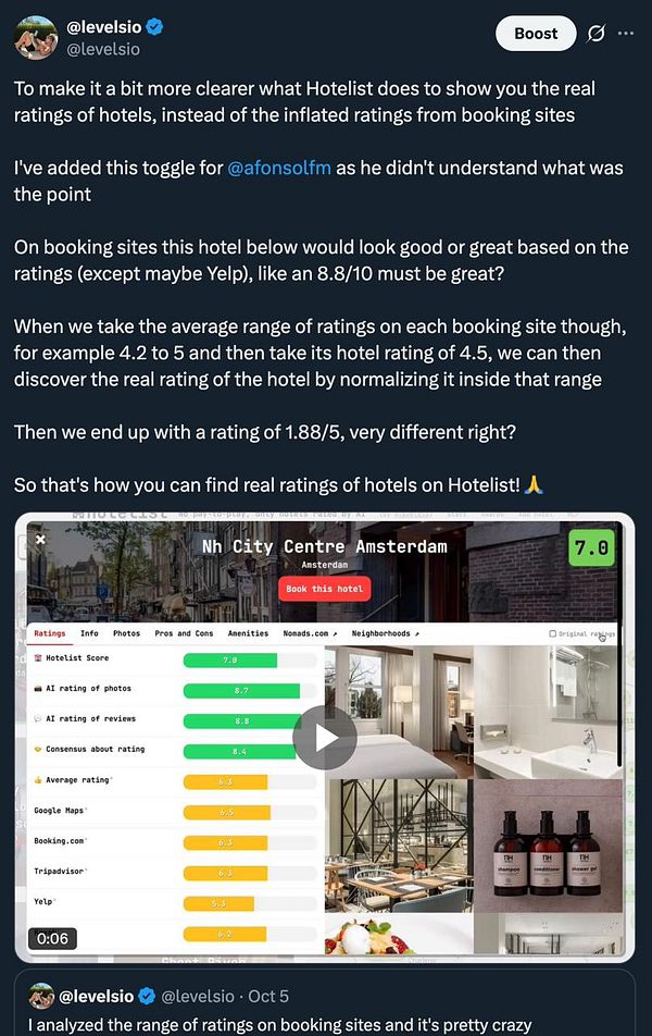Tweet from @levelsio explaining the addition of a rating normalizer toggle for Hotelist with a screenshot of hotel rating data for NH City Centre Amsterdam.