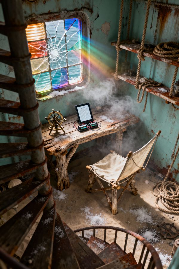 A compact home office inside a weathered ship cabin features peeling seafoam metal walls and a rusted spiral staircase. A driftwood desk holds a small brass ship wheel and an e‑reader wired to two batteries, paired with a canvas sling chair. Coiled hemp ropes rest on rough wooden shelves. A cracked stained‑glass porthole casts rainbow light across sand‑strewn flooring and misty air, creating a salvaged, post‑apocalyptic nautical atmosphere.