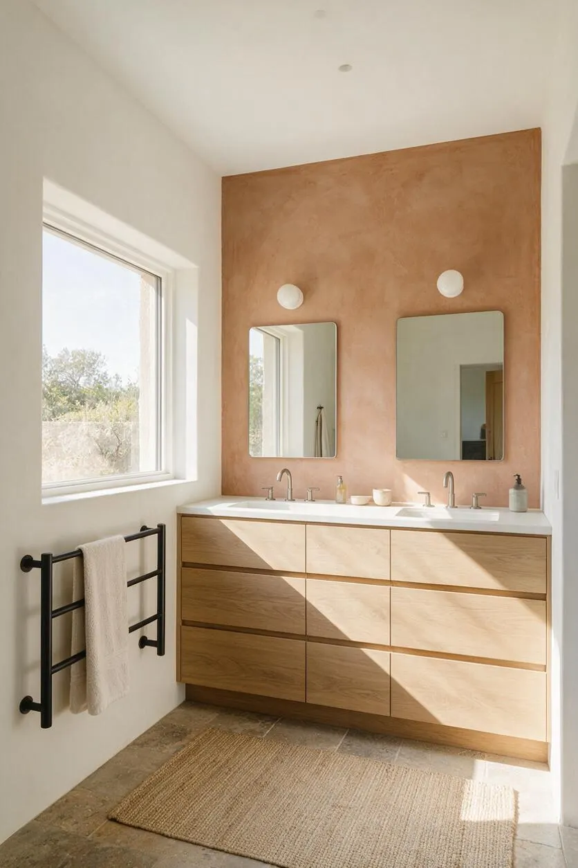 A Scandinavian-style master bathroom with a light wood double vanity, two rectangular mirrors, and a warm clay plaster feature wall. Black towel bars, a woven neutral rug, and a large window with natural light create a calm, minimal space.