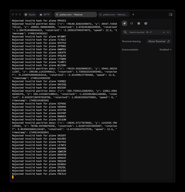 The image displays a terminal window showing a series of error messages related to invalid hashes for various planes.