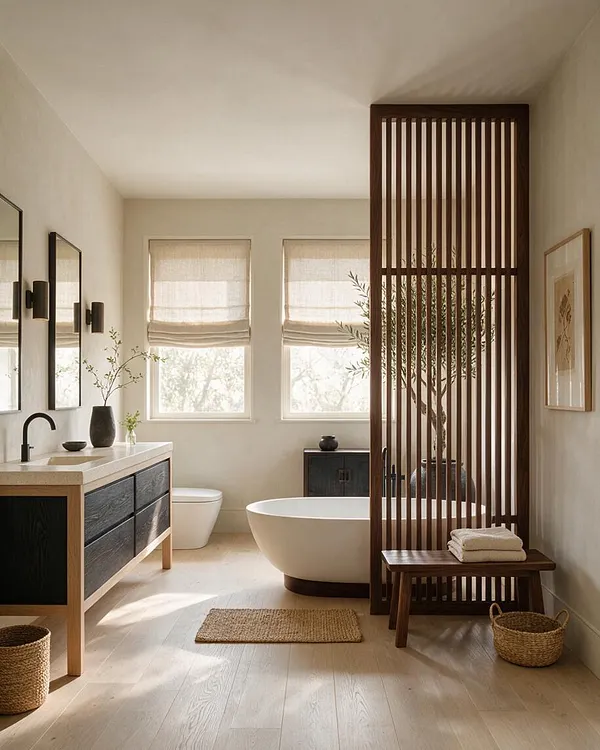 A calm Japandi bathroom with a dark wood vanity, white countertop, oval freestanding tub, and soft beige walls. A vertical slatted wood screen partially divides the room, while woven baskets, a small bench, and linen towels add natural texture.