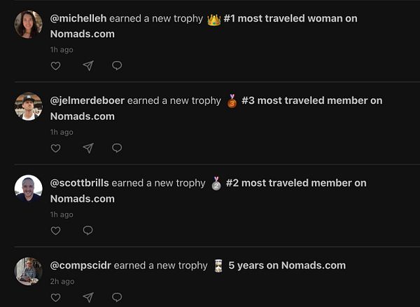 A set of trophies featuring a gold 'Most Traveled Woman' trophy as the centerpiece, flanked by silver and bronze trophies, each with a globe design on top.